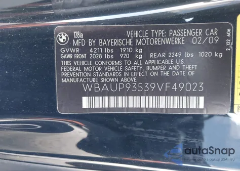 2009 BMW 128I z USA, uszkodzony, nr VIN WBAUP93539VF49023